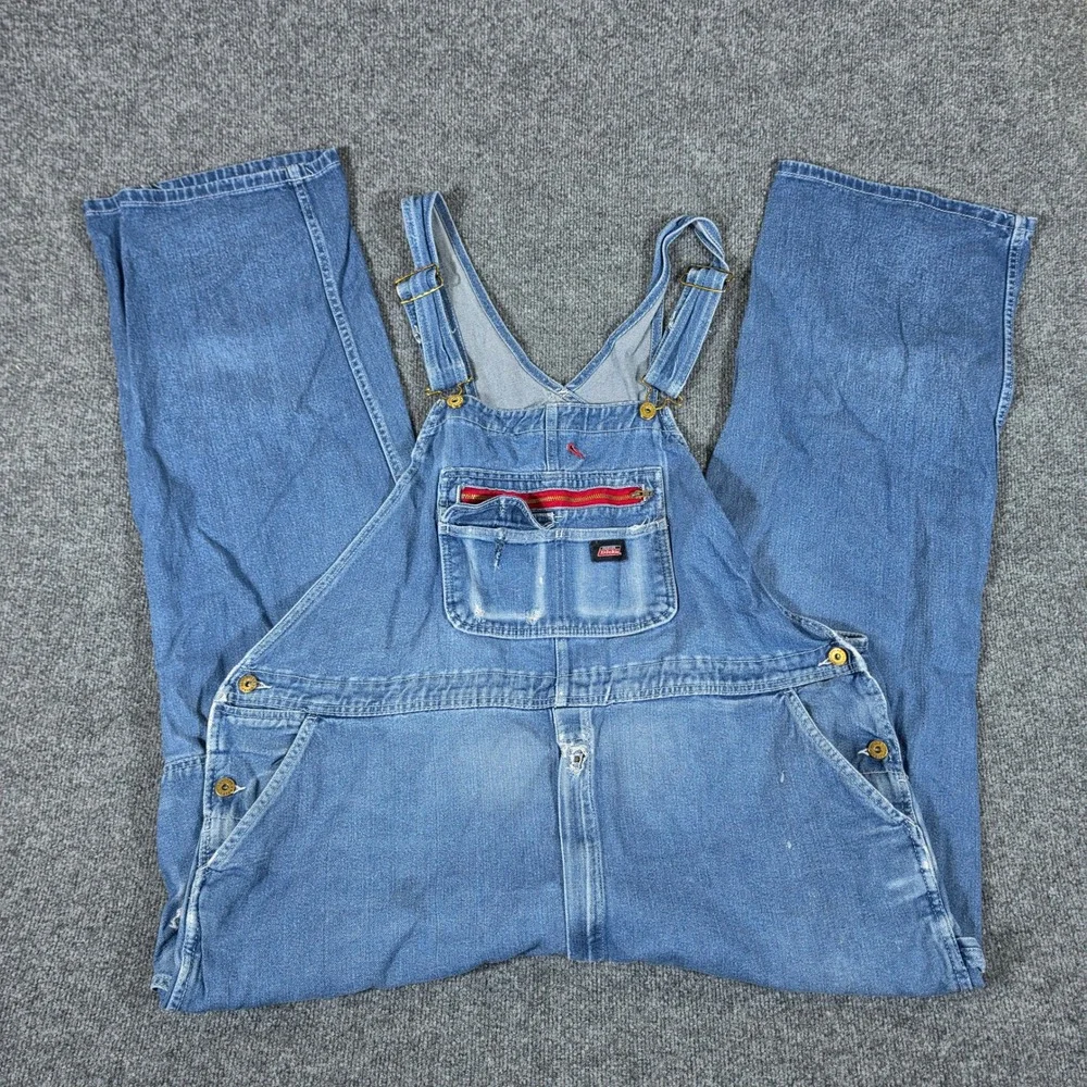 Dickies Mens 2XL Blue Denim Bib Overalls Distressed Carpenter Workwear Pants